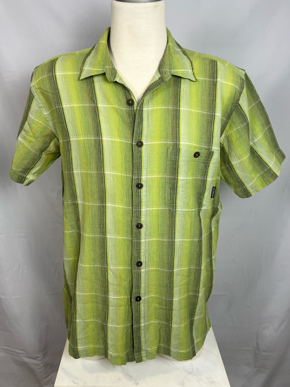 Patagonia Lime & Olive Plaid Short Sleeve Button Down Shirt